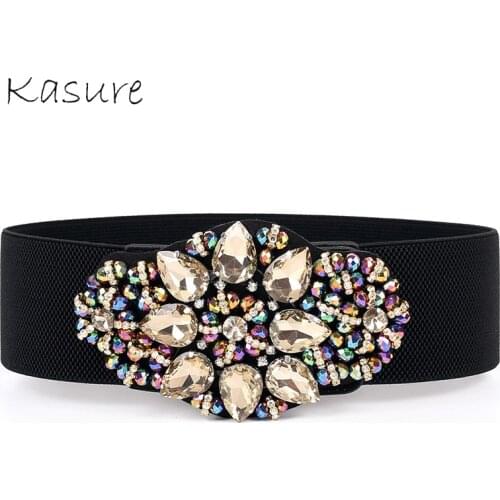 KASURE Luxury Shiny Diamond Wide Waist Belt For Woman Rhinestone Elastic Waistband Ladies Colorful Crystal Dress Decoration