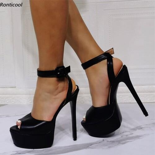 Ronticool Handmade Women Platform Sandals Strappy Stiletto Heel Peep Toe Elegant Black Party Shoes US Size 5-20