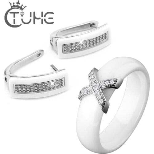 2020 Trend Black White Stainless Steel Jewelry Set Ceramic For Women AAA Bling Cubic Zircon Ring Earring Set Christmas Gift