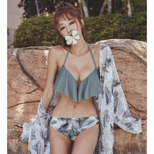 Blue-gray Ruffled Sunscreen Long-sleeved Swimwear Push-up Bikini Suit Swimsuit Womens Swimwear Solid Color Sexy Bikini