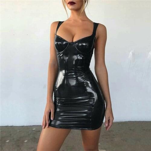Women Summer bandage bodycon mini dress party solid Patent Leather sleeveless strappy sale Night Club adjustable Zipper sundress