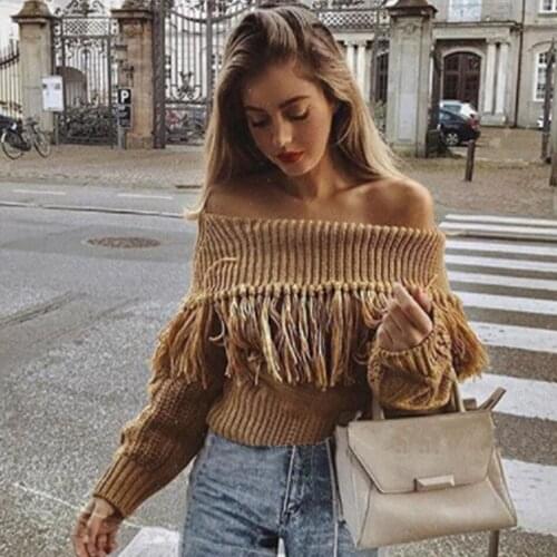 2020 New Autumn winter Women Knitted Sweaters Pullovers Off shoulder Long Sleeve Solid Color Slim Elastic Short Sweater Female