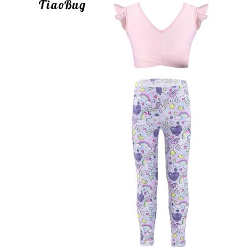 TiaoBug Summer Kids Girls 2Pcs Yoga Dance Sport Suit V Neck Wide Shoulder Straps Ruffle Sleeveless Sports Tops With Leggings Set