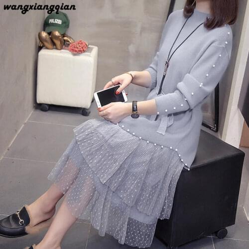 2020 spring autumn new large size womens tmid-length loose mesh yarn half-high collar long-sleeved sweater dress suit A607