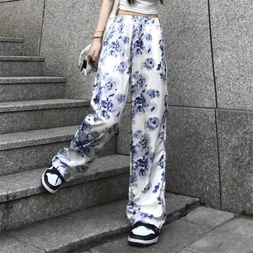 Vintage Blue Rose Print Straight Leg Pants for Korean Style Women Fashion Trend Clothing Punk Teenage Girls Harajuku Streetwear