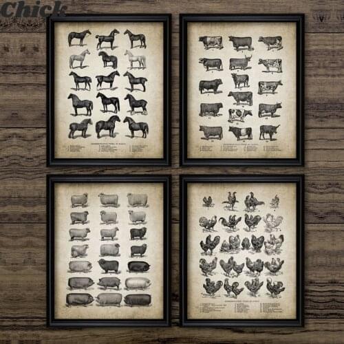 Vintage Farm Animals Poster Print Chicken Pig Sheep And Horse Wall Art Canvas Painting Retro Animal Picture Home Decoration