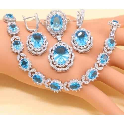 XUTAAYI Sky Blue Crystal Sterling Silver Bridal Jewelry Sets For Women Necklace Pendant Bracelets Earrings Rings Gift Box