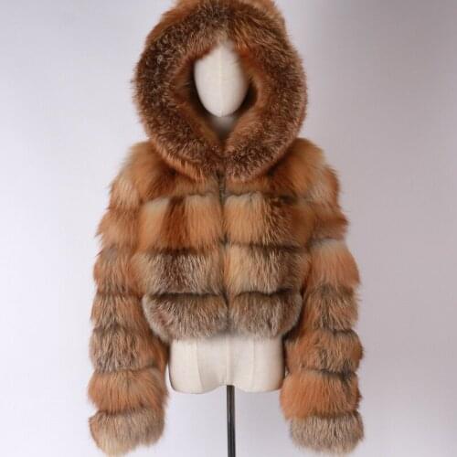 Real Red Fox Fur Jacket Hooded Ladies Natural Fox fur Outwear Long Sleeve