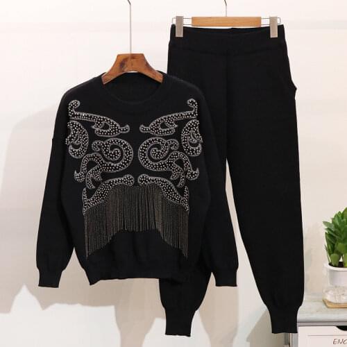 Casual Pants Suits 2020 Autumn Winter Women Luxury Beaded Tassel Long-sleeved Sweater Sets Chic Knit Tracksuits Two Piece Sets