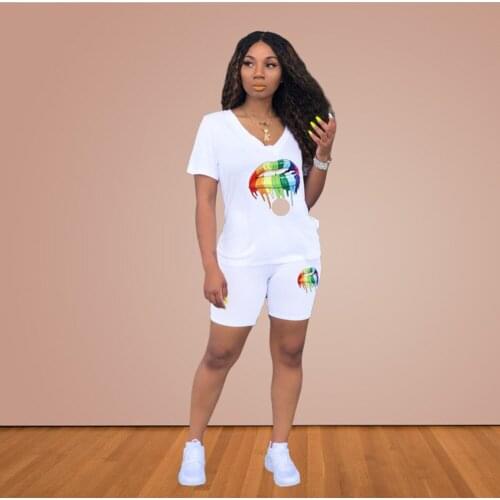 Solid Color Cartoon Lip Print V-neck Short Sleeves T-shirt & Biker Shorts Women Sports Suit Fashion Casual 2 Piece Set