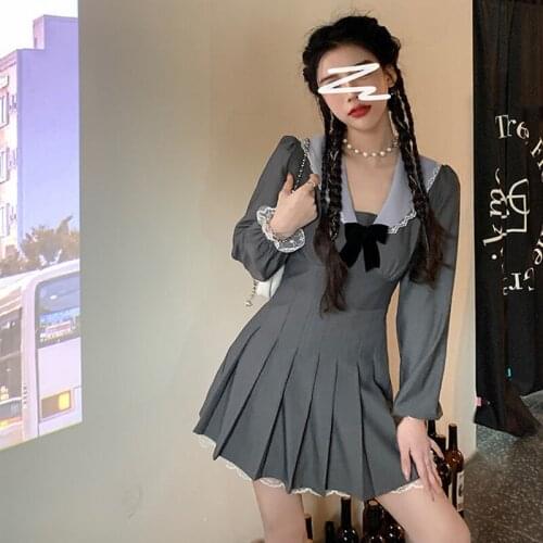 Gothic Harajuku Hot Girl Mini Dress Spring Autumn Vintage Fairy Bow Navy Neck Long Sleeve Waist Pleated Kawaii Dresses Women Jk