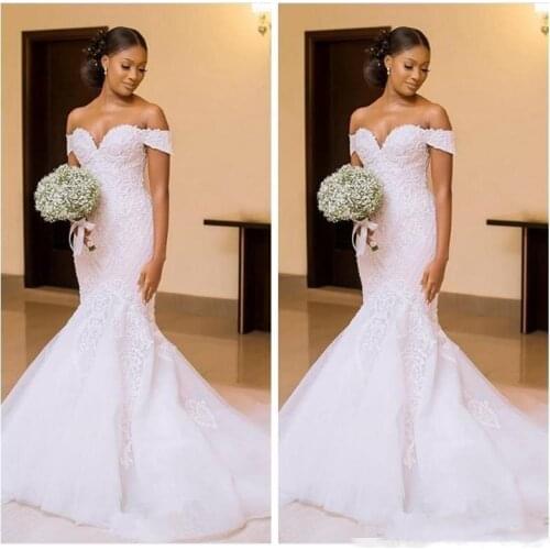 Black Women 2021 Mermaid Wedding Dresses Bridal Gowns Off Shoulder Lace Appliques Slim Beautiful Ladies Vestido De Novia