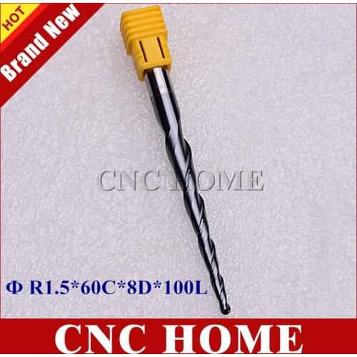 2pcs R1.5*60C*8D*100L*2F HRC55 Tungsten Steel Carbide Ball Nose End Mill Nano Coated Tapered Cone Type CNC Taper Milling Cutter