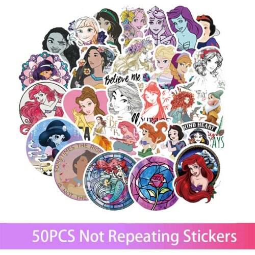 50/100Pcs/Set Disney Princess Stickers Beautiful Waterproof Sticker for Car Luggage Suitcase Decor Toys for Children Computer
