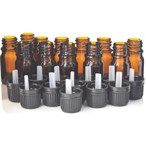 12pcs 1/6 Oz 5ml Amber Glass bottles w/ euro dropper black tamper evident cap for essential oil aromatherapy cosmetic containers