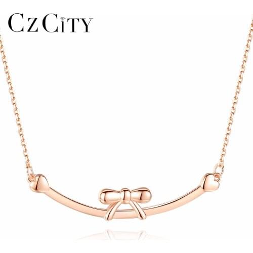 CZCITY 100% 925 Sterling Silver Bowknot Pendant Necklace for Women Fashion Rose Gold Color Chain Necklaces Jewelry Girls Brincos