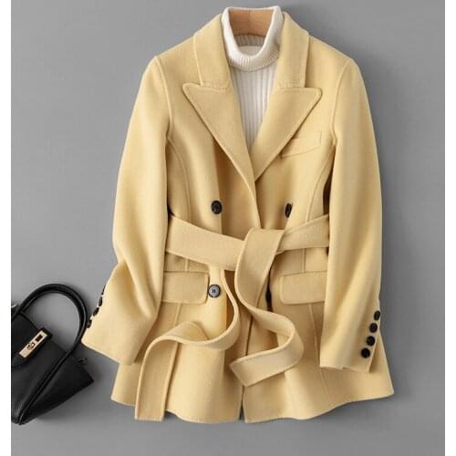 Goose Yellow Double-sided Cashmere Wool Overcoat for Womens High-end Korean Autumn Small Short Slim