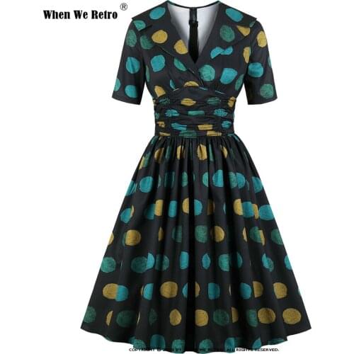 Short Sleeve Elegant Green Dress with Colorful Large Polka Dots VD1930 Turn Down Collar A Line Vintage Party Dresses