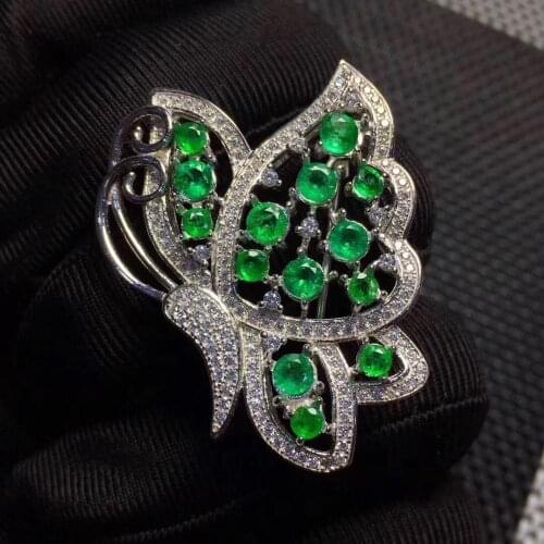 Emerald brooch pins Free shipping gemstone Natural real emerald 925 sterling silver