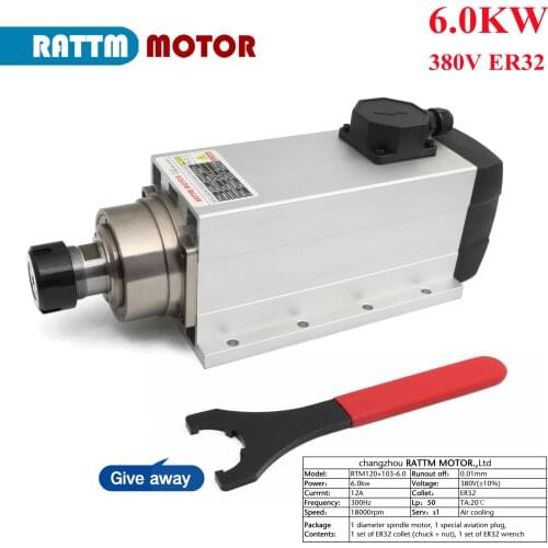 Quality Square 6KW 380V ER32 Air cooled spindle motor Runout off 0.01mm for CNC Router Milling Lathe machine