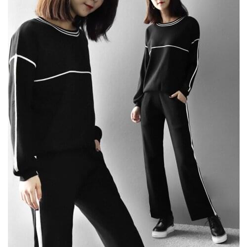 Set womens fashion two-piece new autumn temperament black long-sleeved knit top + high waist trousers casual suit