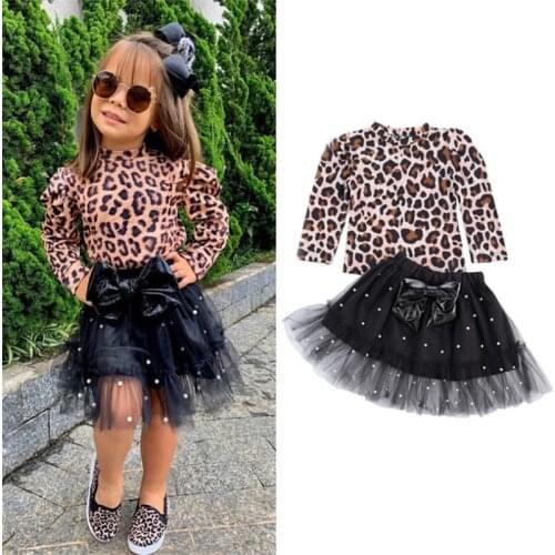 Fashion Kids Girls Leopard Skirts Clothes Sets 2pcs Long Sleeve Pullover T Shirts Tops Pearl Lace Bow Tutu Skirts 1-6Y