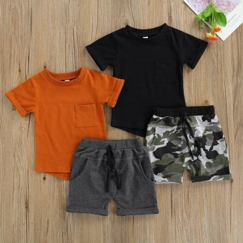 2Pcs Creative Little Boys Outfit, Toddlers Round Collar Short Sleeve Pocket Top + Camouflage Printing/Solid Color Shorts Set