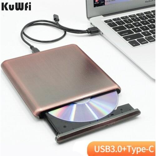 KuWFi USB3.0 Type-C External DVD Drive Rewriter Reader Writer Burner Portable DVD RW CD Optical Drive Player for Laptop PC