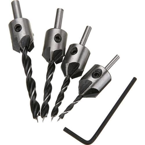 4pcs HSS 5 Flute Countersink Drill Bit Set Drill Press Set Chamfer Reamer Woodworking Drill Set Tools 3mm-6mm