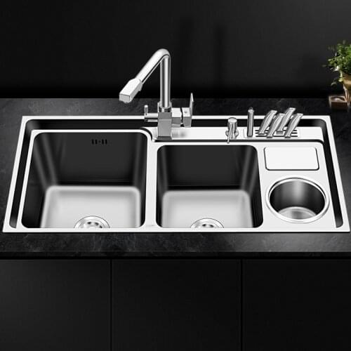 Stainless Steel Nano Sink Three Trough with Trash Can Knife Holder Sink Brushed Silver 92 * 43cm Sink Set Kitchen Sink