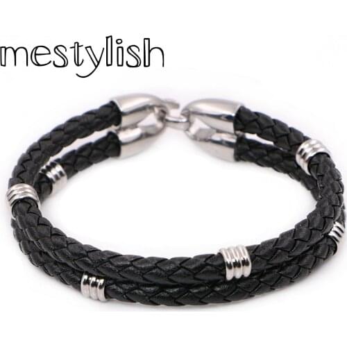 New Arrived 5mm Black Nappa Leather Stainless Steel Tube and Clasps Bracelets for Man women Jewelry Gift