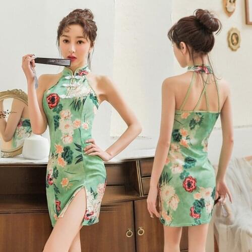 Classical Buckle Green Floral Print Cheongsam Chinese Style Stage Show Retro Qipao Dress Floral Handmade Button Silm Nightwear