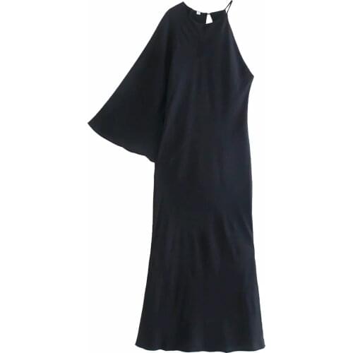 Za New Summer Woman Slant Shoulder Dress Fashion Solid Color Slim Midi Dress Sexy Off Shoulder Sling Dresses Vestidos