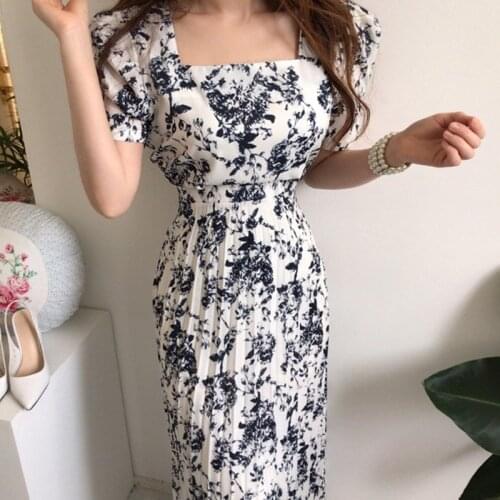 Dresses Chic Korean Vintage Slim Lace Up Waist Puff Short Sleeve Square Neck Ink Printing Dress Women Pleated Summer Elegant