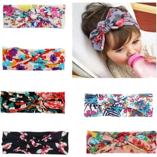 European Spring/Summer Floral Cotton Infantile Bow Headband Hot-sale Elastic Kids Girl DIY Hair Accessories For Party