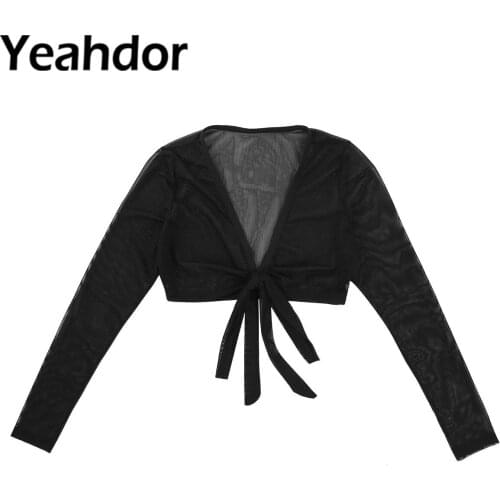 Womens Sexy Long Sleeve Crop Tops Deep V Plunge Open Front Tie Up Mesh See Through Sheer Tee Blouse Club Wear Casual Clothes