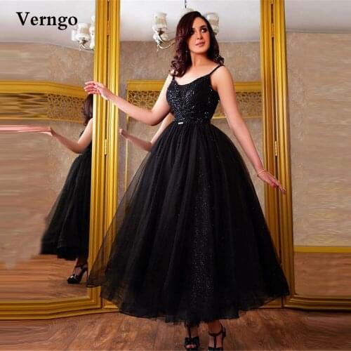 Verngo 2021 Glitter Black Sequin Tulle Prom Dresses Spaghetti Straps Ankle Length Evening Gowns Lace Up Back Women Party Dress