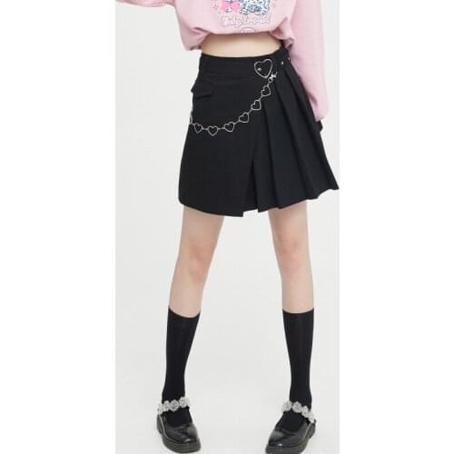 Original Design Heart Chain Peated Skirt Autumn Womens Girls Pink & Black Pleat From A-line Short Skirt