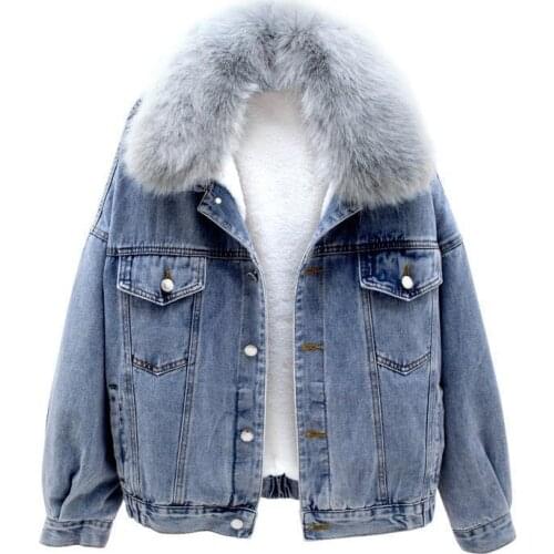 Women Large Fur Colloar Winter Denim Jacket 2021 Oversize Plus Velvet Parka Detachable Thick Loose Cotton Warm Jean Coat HOWDFEO