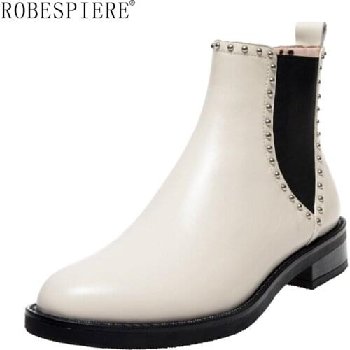 ROBESPIERE Woman Boots Natural Genuine Leather Winter Warm Chelsea Boots New Metal Decoration Ankle Booties Ladies Footwear B125