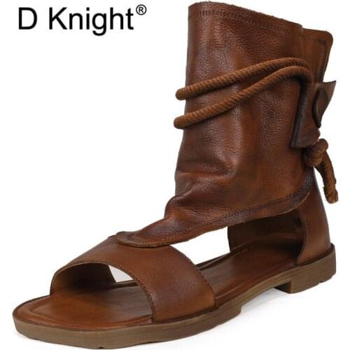 Summer 2020 New Women Sandals Retro High-Top Gladiator Sandals For Women Genuine Leather Hemp Rope Strap Lady Flat Sandals Shoes
