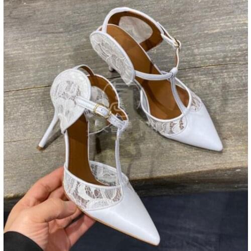 Moraima Snc White Lace Grid High Heel Shoes Sexy Pointed Toe T-strap Woman Pumps Buckle Strap Thin Heels Shoes