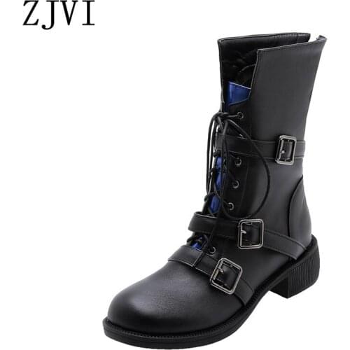 ZJVI Women Cross Tied Winter Mid Calf Square Heels Buckle Motorcycle Boots Woman Ladies Shoes For Girls Flats 2020 New Arrived