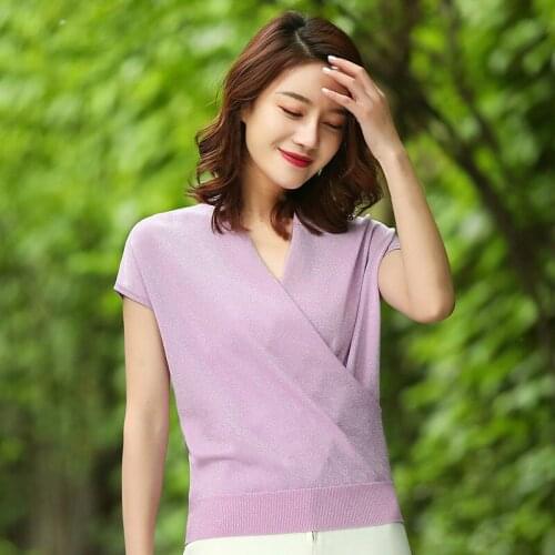Female Elegant Short Sleeve Knitwear Thin Criss Cross Top Plus Size Knitted Pullover 2xl Women Summer V-neck Purple Sweater Hot