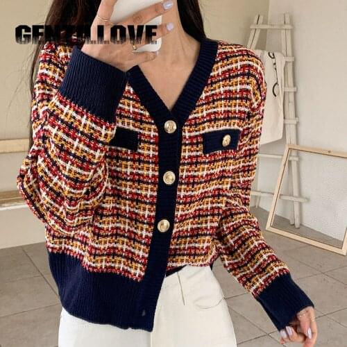 Vintage Particle Plaid Women Knitwear Sweater Fashion Single-breasted Pink Cardigans Long Sleeve Lady Travel Pullover