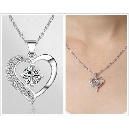 Bright Crystal Heart Pendant Necklace For Women Jewelry Classic CZ Stone Female Silver 925 Necklace Girl Bride Wedding Bijou