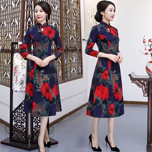 Winter Dresses Women 2019 Stretch Cheongsam Qipao Traditional Chinese Dress Vietnam Dress Plus Size Midi Oriental Dress TA1326