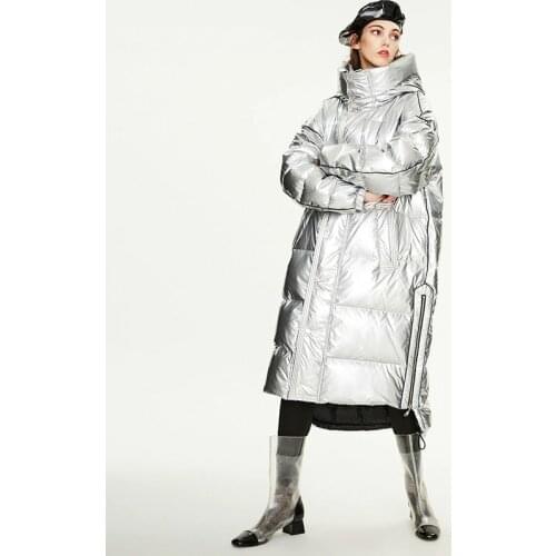 2019-2020 Winter down coat hooded lovers laser silver long thick loose warm hooded down jacket women K9047