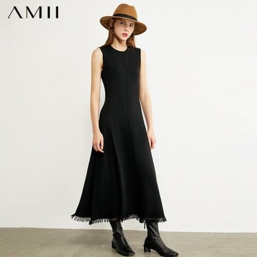 AMII Minimalism Autumn Womens Dress Fashion Oneck Sleeveless Slim Fit Tassel Calf-length Dresses For Women 12040766