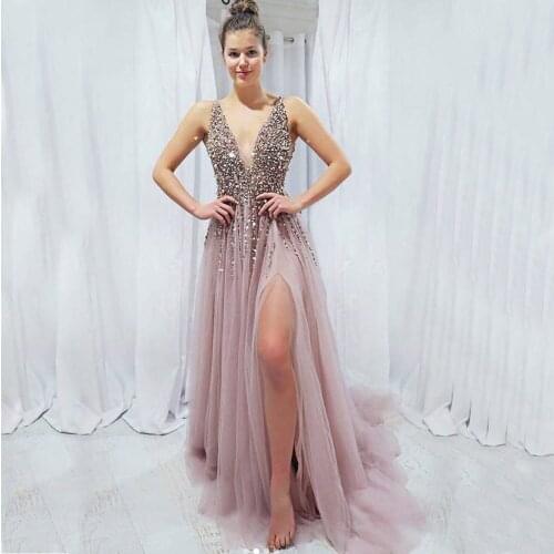 Sparkly Crystal Evening Dress Long 2019 Charming V Neck Beaded Tulle Evening Gowns for Women kleider damen abendkleid